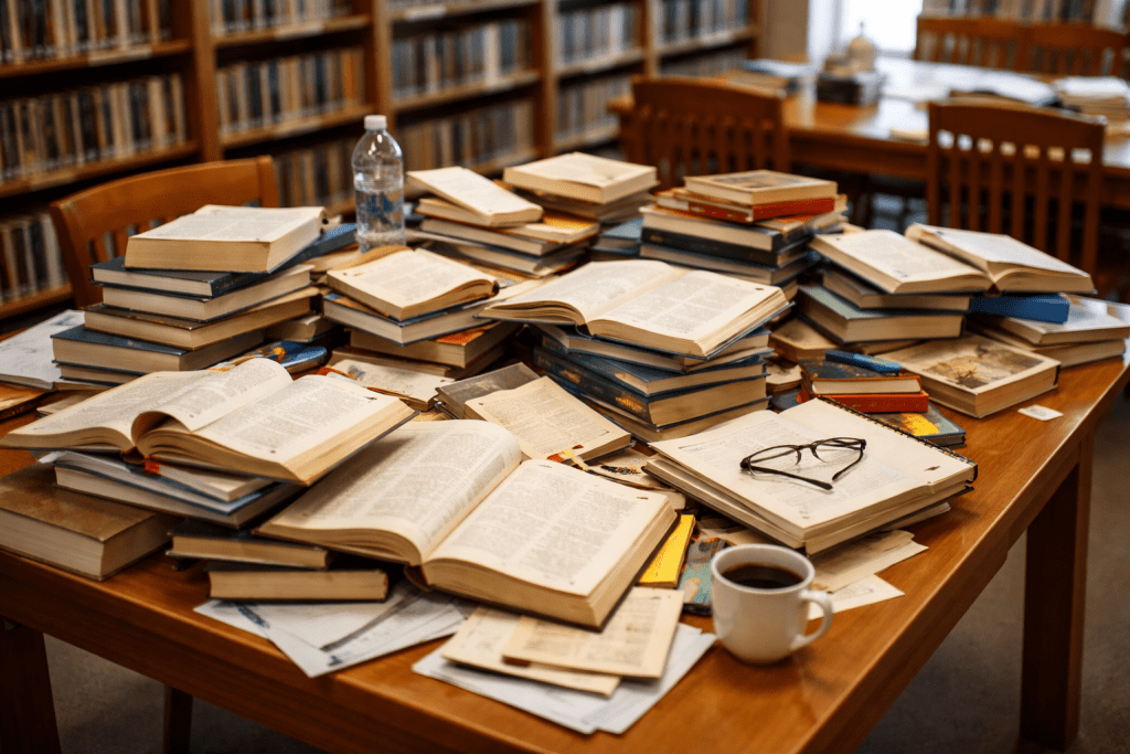 Tables piled with books and journals. Complete clutter