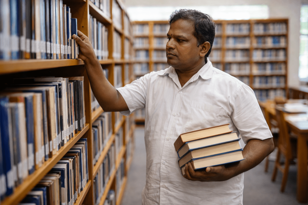 Library attendant shelving books